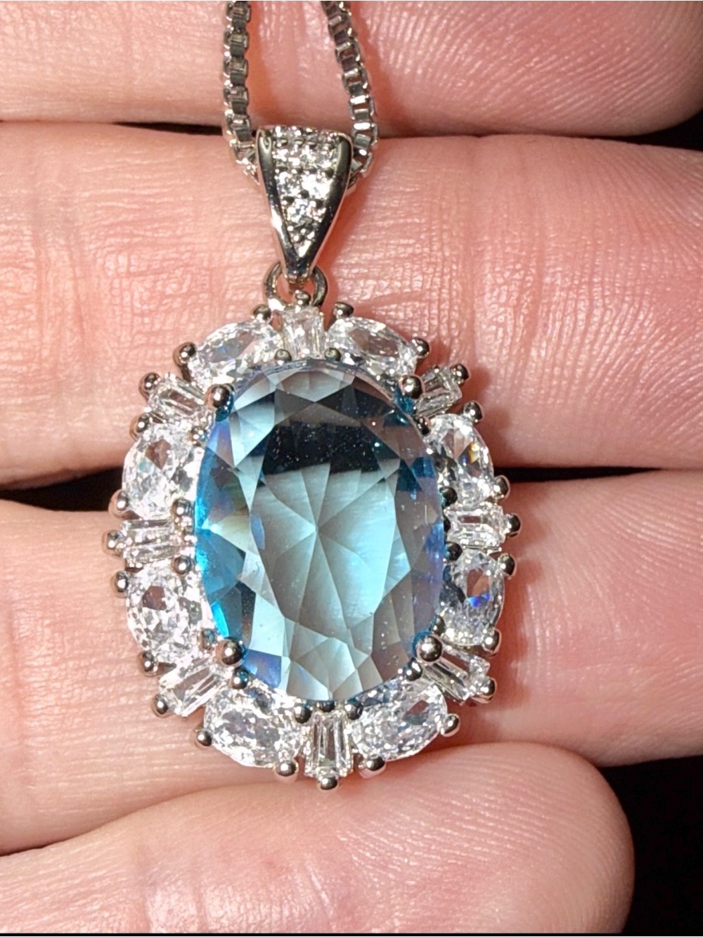 Blue Oval Aquamarine Pendant Necklace Moissanite Diamonds silver chain adj 18-20